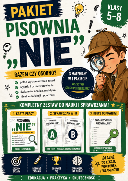 Pisownia „nie” – pakiet kl. 5–8 | karta pracy + sprawdzian A/B + klucz