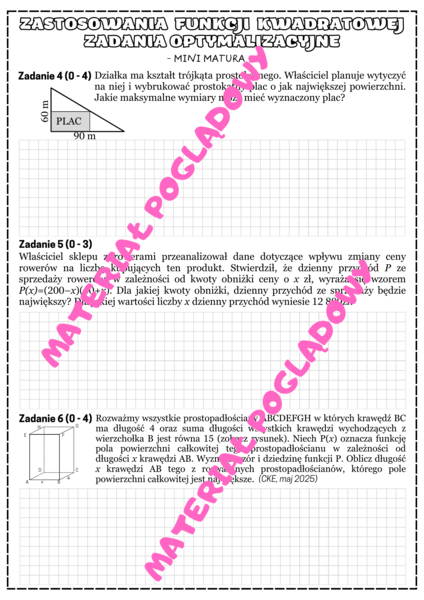 Mini matura - zastosowania funkcji kwadratowej. Zadania optymalizacyjne.