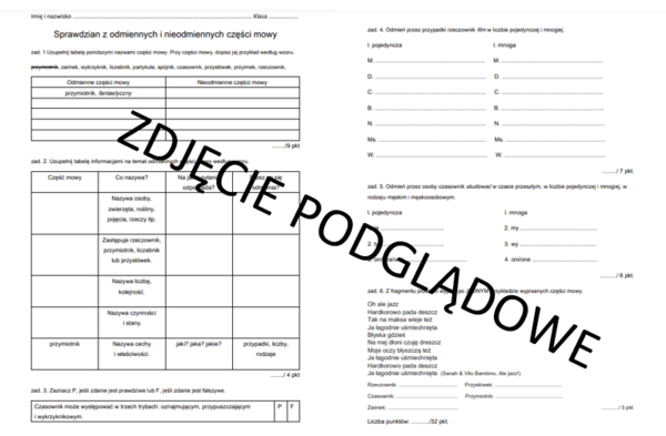 Sprawdzian z odmiennych i nieodmiennych części mowy