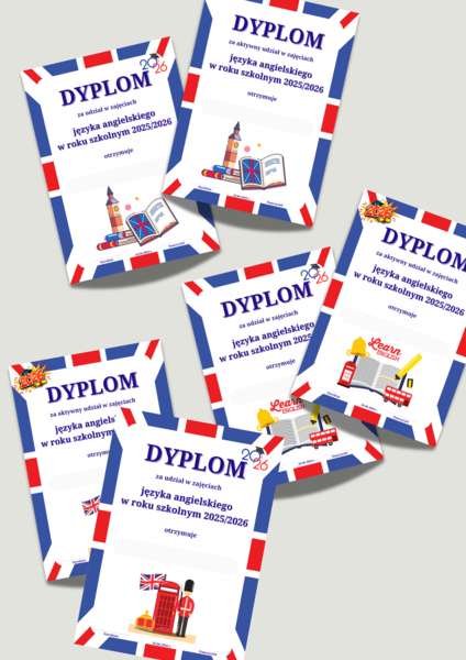 Dyplomy za aktywny udział/udział w zajęciach języka angielskiego.