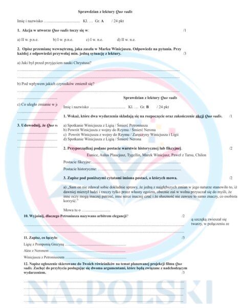 Sprawdzian z lektury "Quo vadis" - grupa A i B