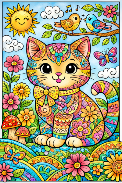 Dzień Kota: koty zentangle – zestaw 6 kolorowanek A4 (PDF)