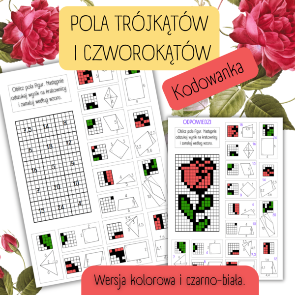 POLA CZWOROKĄTÓW I TRÓJKĄTÓW - kodowanka - Dzień Kobiet/Wiosna.