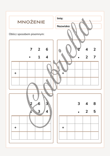 Karta pracy mnożenie pisemne przez liczbę dwucyfrową klasa 4
