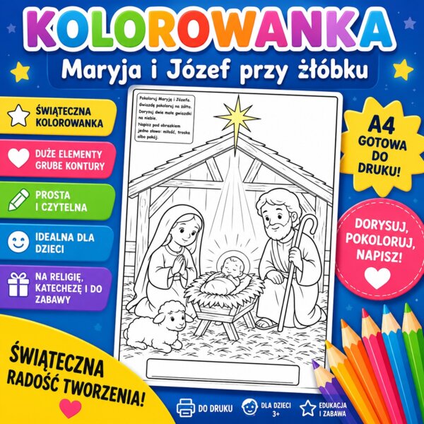 Kolorowanka. Maryja i Józef przy żłóbku