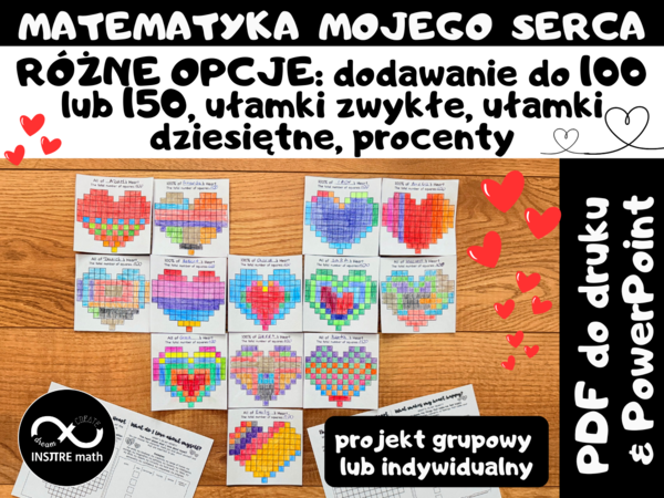 Matematyczne Walentynki. Projekt grupowy lub indywidualny: Matematyka mojego serca. Różne opcje: dodawanie do 100 lub 150, ułamki zwykłe, ułamki dziesiętne, procenty.
