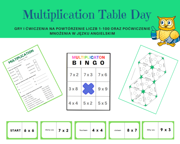 Multiplication Table Day - Dzień Tabliczki Mnożenia, język angielski, liczby 1-100, CLIL - gry: bingo, domino i trimino, karta pracy