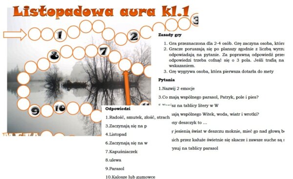 Gra planszowa pt. "listopadowa aura" dla klasy 1 do cyklu "Szkoła na TAK"