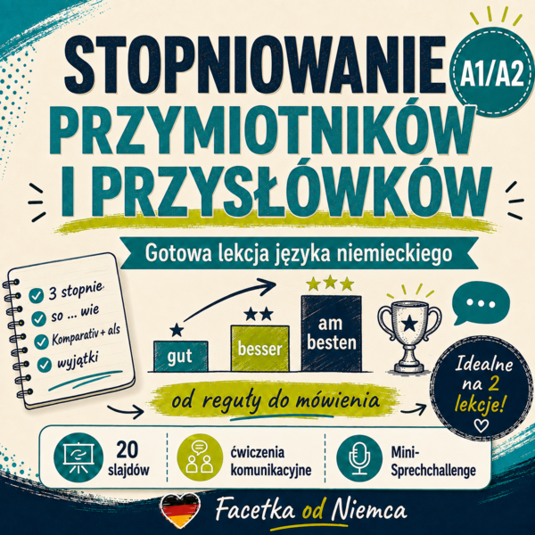 Stopniowanie bez chaosu – gotowa lekcja niemieckiego A1+/A2 | 90 min