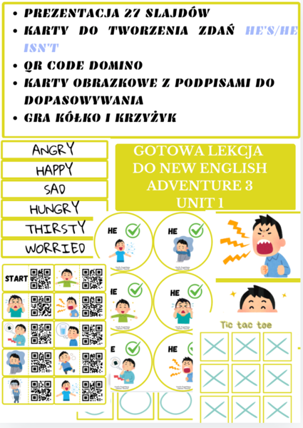 Materiały do podręcznika New English Adventure 3 Unit 1 - Emotions, prezentacja, karty speaking, gra domino, kółko i krzyżyk