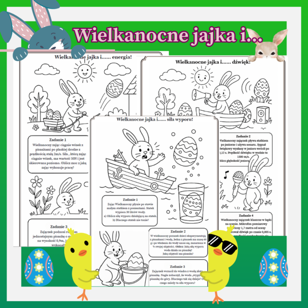 Kolorowanka. Fizyka. Zadania - energia, siła wyporu, dźwięk. Wielkanoc. Mrs_Physics. Fizunia