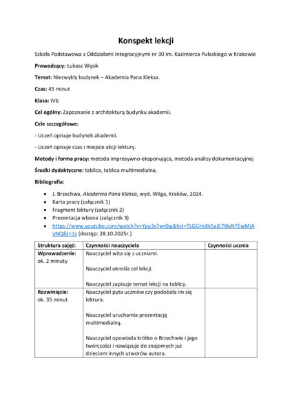 Konspekt lekcji - Akademia Pana Kleksa; niezwykły budynek
