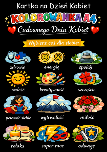 DZIEŃ KOBIET – kolorowanka A4 do druku + kolorowa kartka A4; życzenia na Dzień Kobiet; karta pracy