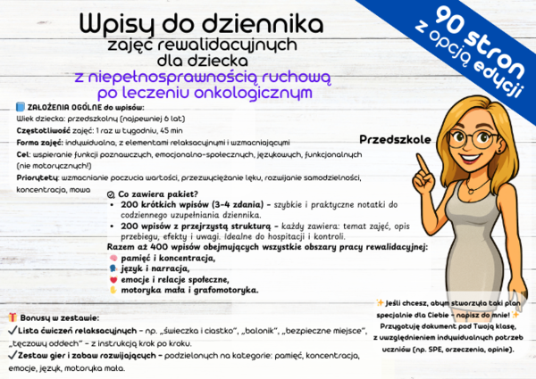 Wpisy do dziennika zajęć rewalidacyjnych dla dziecka z niepełnosprawnością ruchową po leczeniu onkologicznym