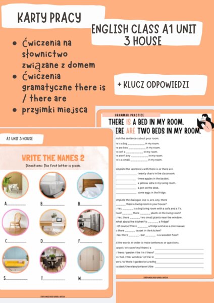 Karty pracy English Class A1 unit 3 House, ćwiczenia there is/ there are, słownictwo związane z domem, przyimki miejsca