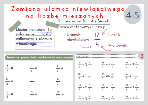 Zamiana ułamka niewłaściwego na liczbę mieszaną PDF / KARTY PRACY kl.4 – kl.5 PDF + ROZWIĄZANIA