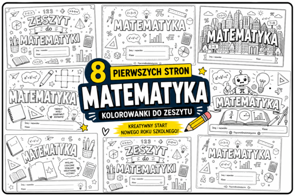Pierwsza strona do zeszytu z matematyki – 8 kolorowanek | Klasy 4–8