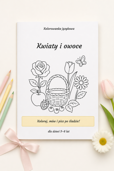 Kolorowanka językowa: Kwiaty i owoce