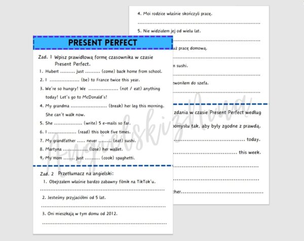 Present Perfect - ćwiczenia karta pracy powtórka egzamin ósmoklasisty matura angielski
