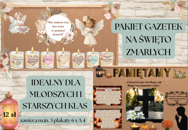 Pakiet gazetek na Święto Zmarłych| 3 plakaty 6 x A4| Idealny zestaw dla młodszych i starszych klas| 60 stron gotowych do druku