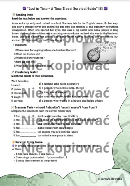 Karta pracy "Lost in Time" - reading/speaking, użycie should/must/can B1