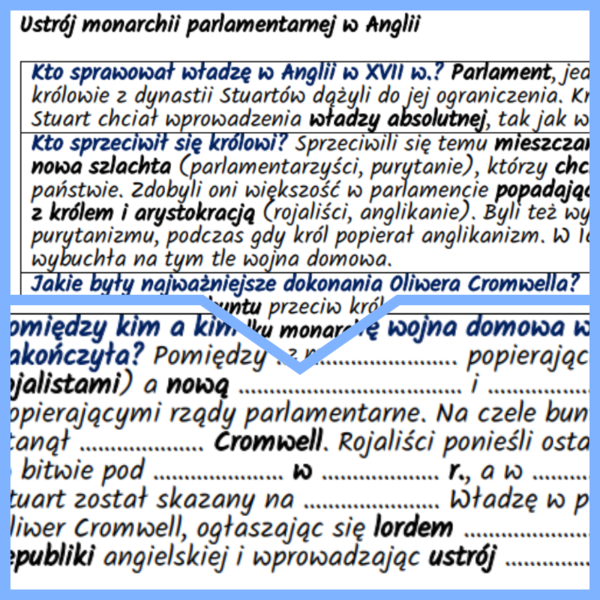 Ustrój monarchii parlamentarnej w Anglii – notatki i karta pracy