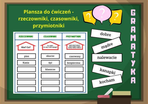Plansza do ćwiczeń - rzeczowniki, czasowniki, przymiotniki