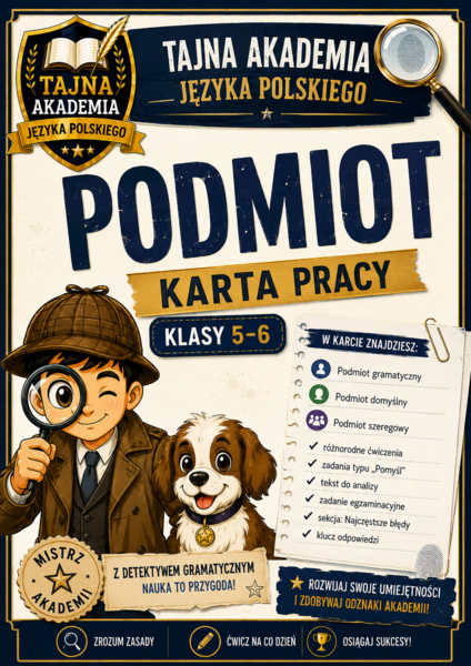 Podmiot – karta pracy | Klasy 5–6 | Tajna Akademia Języka Polskiego | Rodzaje podmiotu | PDF