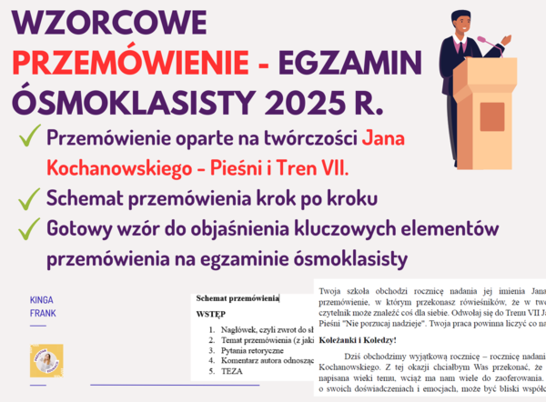 📢 Wzorcowe PRZEMÓWIENIE na egzamin ósmoklasisty – Kochanowski, Tren, Pieśni SCHEMAT, WZÓR
