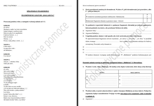 Sprawdzian po omówieniu lektury Balladyna