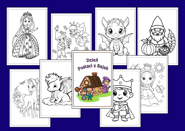 🧙‍♂️🦸‍♀️Kolorowanki - DZIEŃ POSTACI z BAJEK 🧚‍♀️ - 60 kart A4 do druku - biblioteka - świetlica