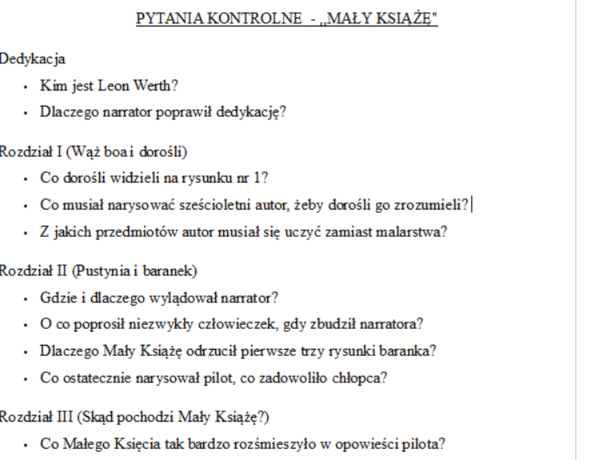 Pytania kontrolne do lektury "Mały Książę"