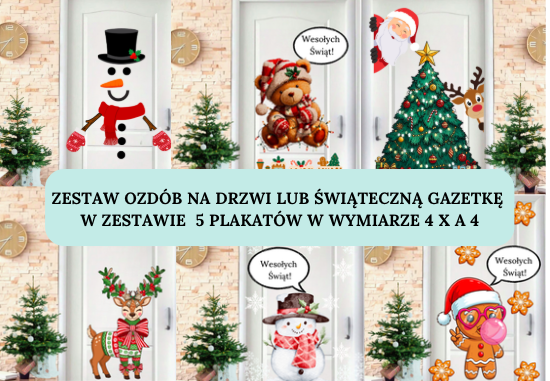 🎄✨ Zestaw Ozdób na Drzwi lub Świąteczną Gazetkę — 5 Plakatów XXL (4 × A4 każdy!) + 5 Grafik-Niespodzianek! ✨🎄| 6o stron do druku! Idealne jako ozdoba klasy|korytarza| pokoju dziec