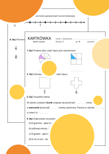 Kartkówka - ułamki zwykłe. Klasa 4