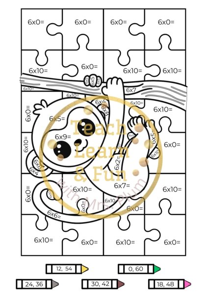 Kolorowanka matematyczna — Mnożenie x6 z wesołą małpką! 🐒