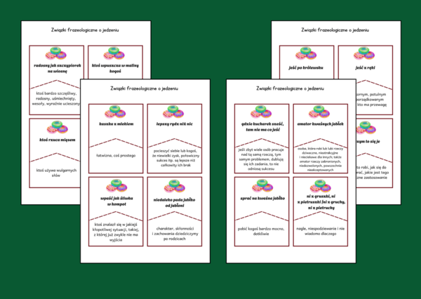 TŁUSTY CZWARTEK – jedzenie - frazeologizmy – ZWIĄZKI FRAZEOLOGICZNE – fiszki – 28 szt. - kl. 4-8 – egzamin – powtórzenie - ćwiczenia