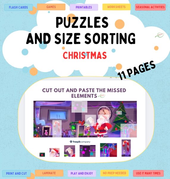 Układanka na Boże Narodzenie/ Mikołajki, segregowanie według rozmiaru. Christmas size sorting &missed elements puzzle. Dobre dla SPE.