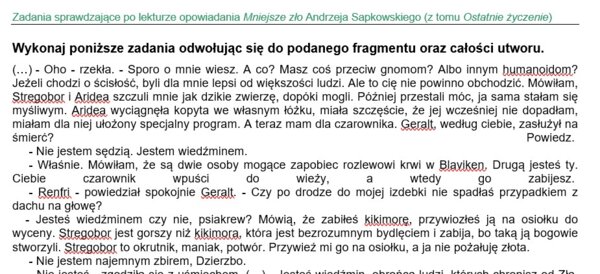 "Mniejsze zło" Andrzeja Sapkowskiego - karta pracy, praca z fragmentem