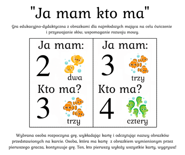 Gra edukacyjno-dydaktyczna „Ja mam… kto ma?” Cyfry od 1 do 10 - 12 kart - (wersja kolorowa)