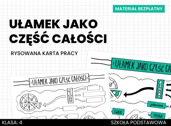 Ułamek jako część całości. Rysowana karta pracy. Matematyka. Szkoła podstawowa. Klasa 4. Klasa 5. Materiał bezpłatny.
