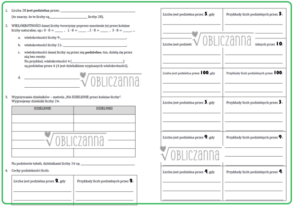DZIELNIKI, WIELOKROTNOŚCI, CECHY PODZIELNOŚCI, NWW, NWD - notatka (karta do uzupełnienia)