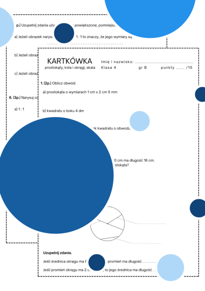 Kartkówka - prostokąty, koła, skala. Klasa 4. Geometria. Figury na płaszczyźnie.
