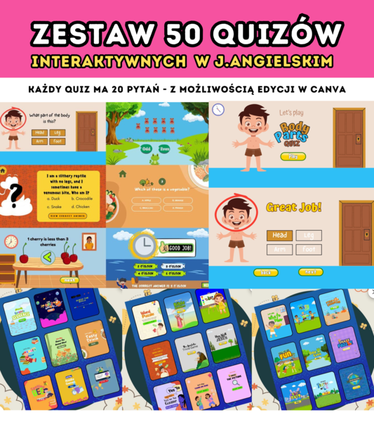 ZESTAW 50 Interaktywnych QUIZÓW w języku angielskim. Próbka przykładowego Quizu w opisie ❤️