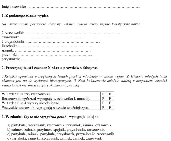 sprawdzian z części mowy
