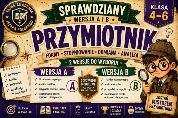Przymiotnik – sprawdziany kl. 4–6 | wersja A i B + odpowiedzi modelowe