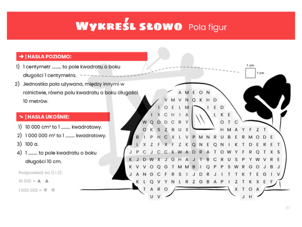 Matematyczna wykreślanka dla klasy czwartej. Pola figur.
