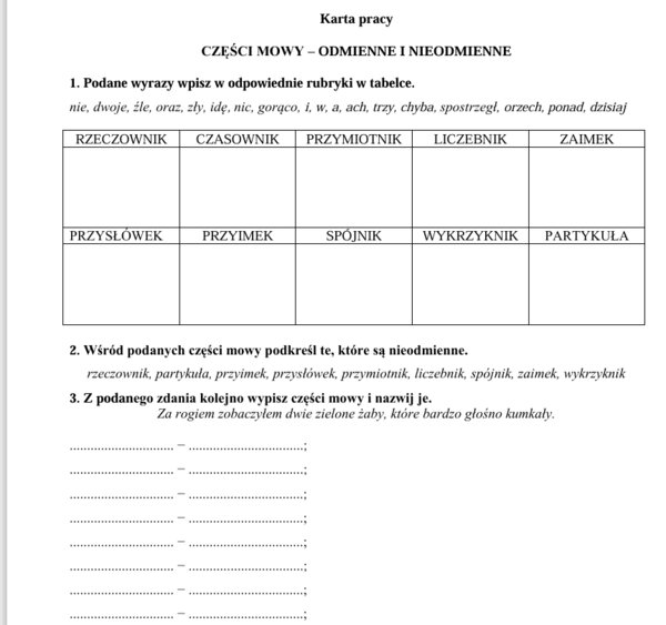 Karta pracy " Części mowy"