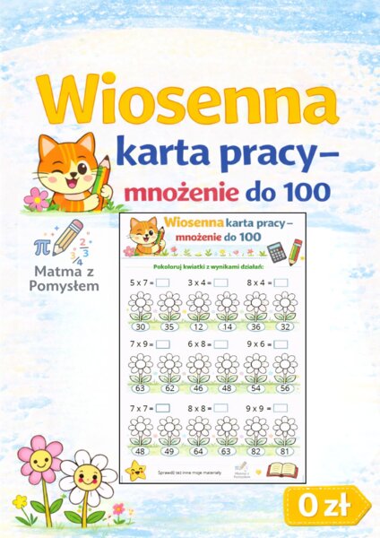 Wiosenna karta pracy – mnożenie do 100 | kolorowanka | kl. 3–4
