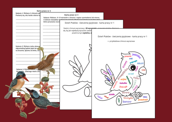 🦜 🐦Dzień Ptaków - ĆWICZENIA ORTOGRAFICZNE I REDAKCYJNE ✍️ – Chmura wyrazowa o ptakach – kreatywne zadania językowe dla uczniów – karty pracy – klasy 4-8 – JESIEŃ – wiosna - ortografia