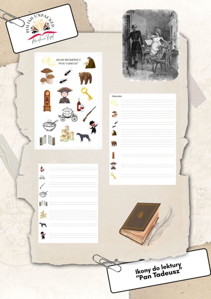 Ikony (obrazki) do lektury "Pan Tadeusz" Adama Mickiewicza, język polski, egzamin ósmoklasisty, lektura obowiązkowa klasa 7-8